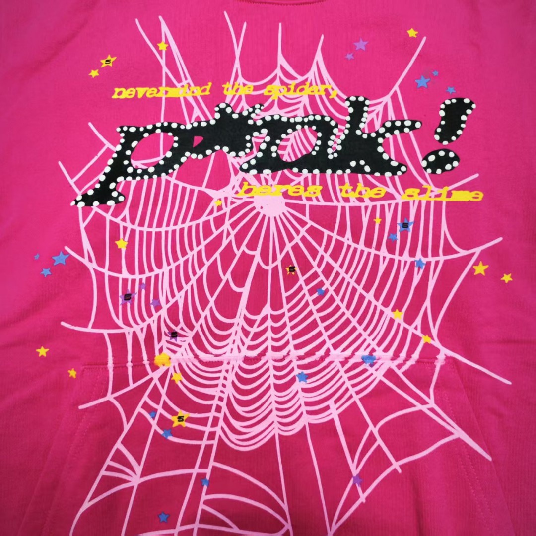 Sp5der 黑色pink字母 蜘蛛网套头连帽卫衣 外套 玫红色 B0 