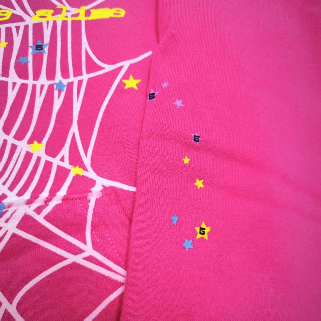 Sp5der 黑色pink字母 蜘蛛网套头连帽卫衣 外套 玫红色 B0 