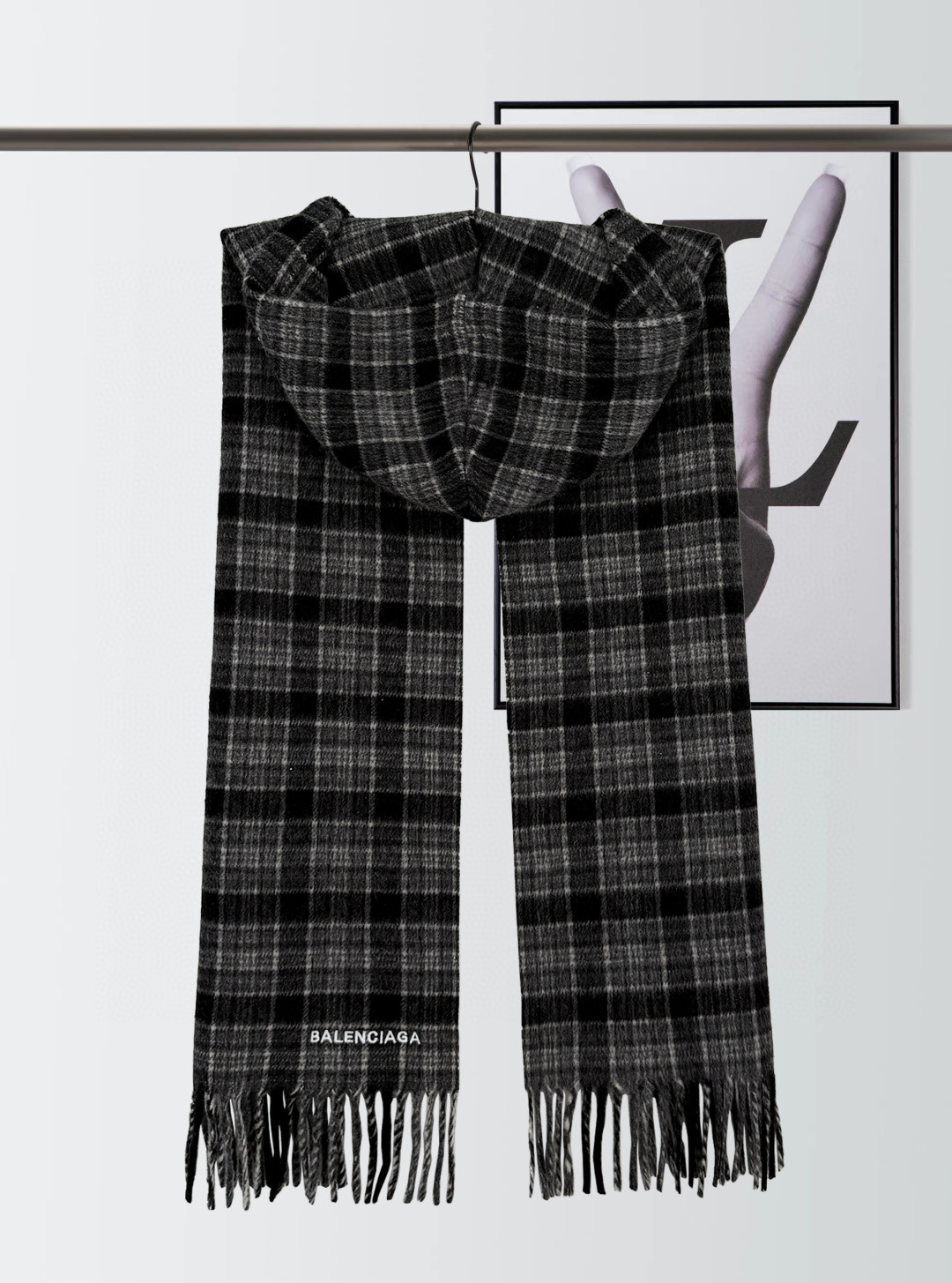 Balenciaga 巴黎世家 格纹羊毛连帽围巾 保暖 黑色 B0 8230524G0B11240