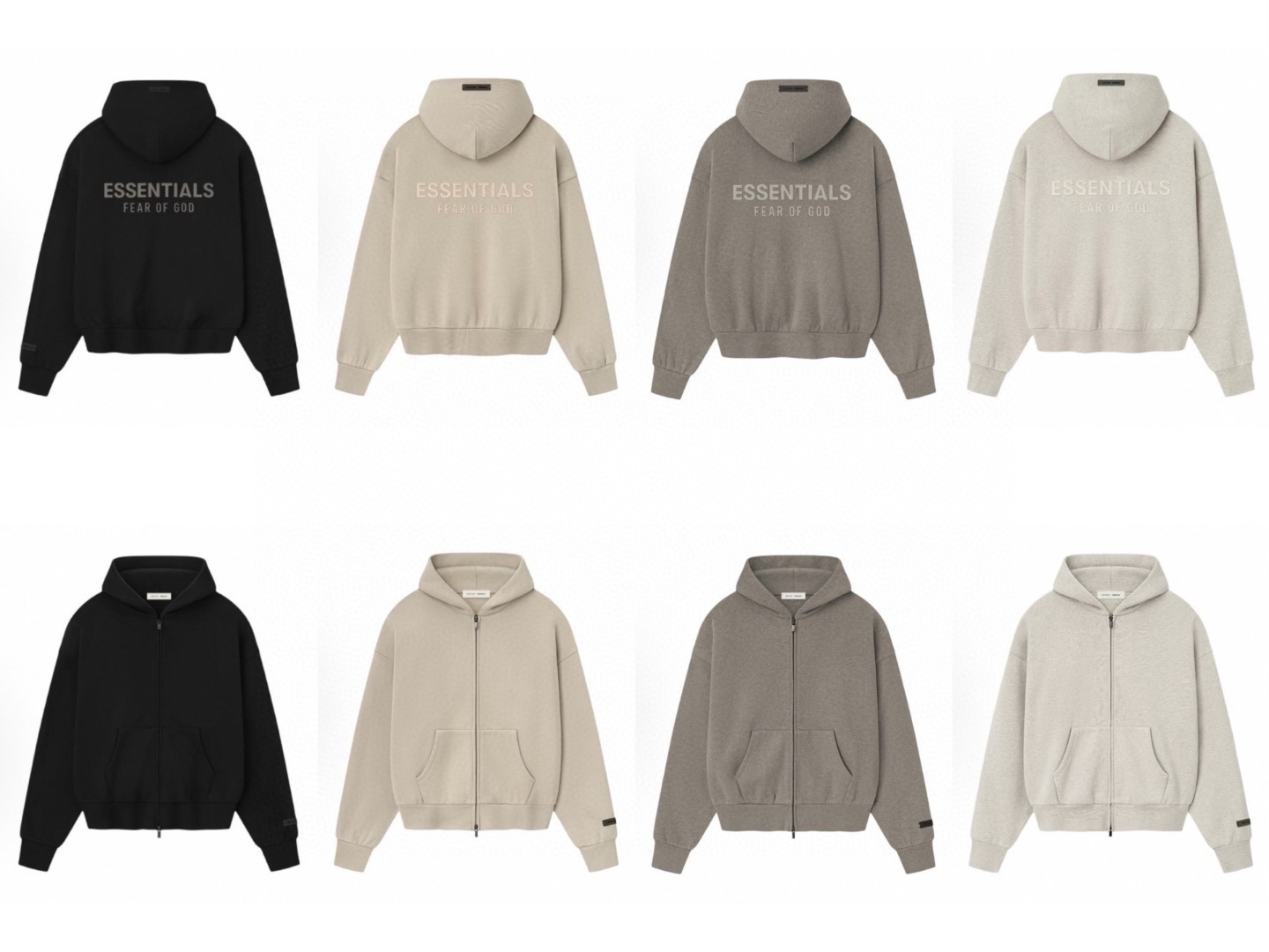 Fear of God Essentials 徽标字母后背印花 抓绒 拉链连帽卫衣 帽衫 外套 卡其色 燕麦棕 黑色 灰色