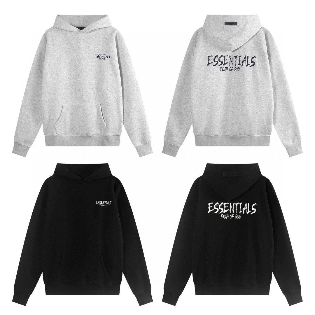 Fear of God Essentials 后背Essentials涂鸦字母印花 抓绒 套头连帽卫衣 外套 灰色 黑色