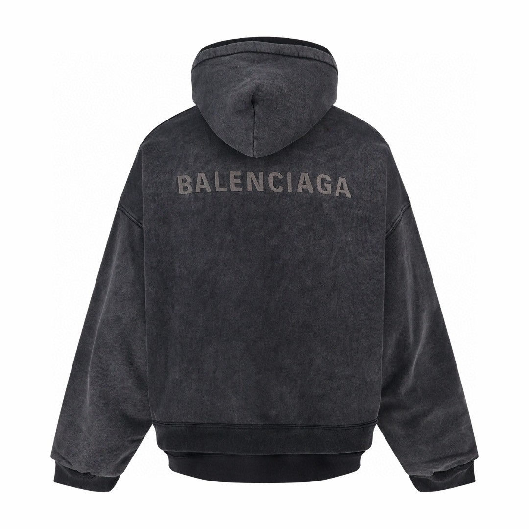 Balenciaga 巴黎世家 假两件刺绣字母logo拉链连帽卫衣 加绒 外套 长袖 秋冬 保暖 黑色 C0 858133TSVE41095