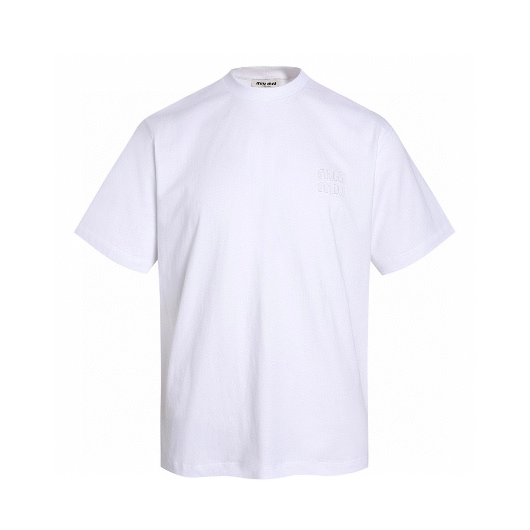MIU MIU 贴布字母logo 圆领 休闲短袖 T恤 夏季 白色 灰色 A0