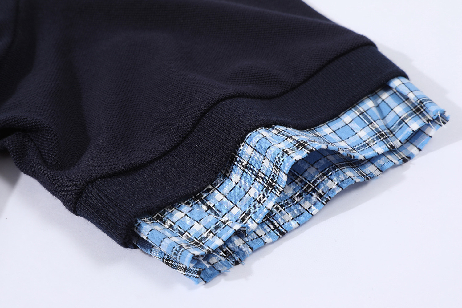 MIU MIU 假两件格纹拼接徽标POLO衫 短袖 休闲T恤 夏季 海军蓝 A5  MJN559-14RW-F0008