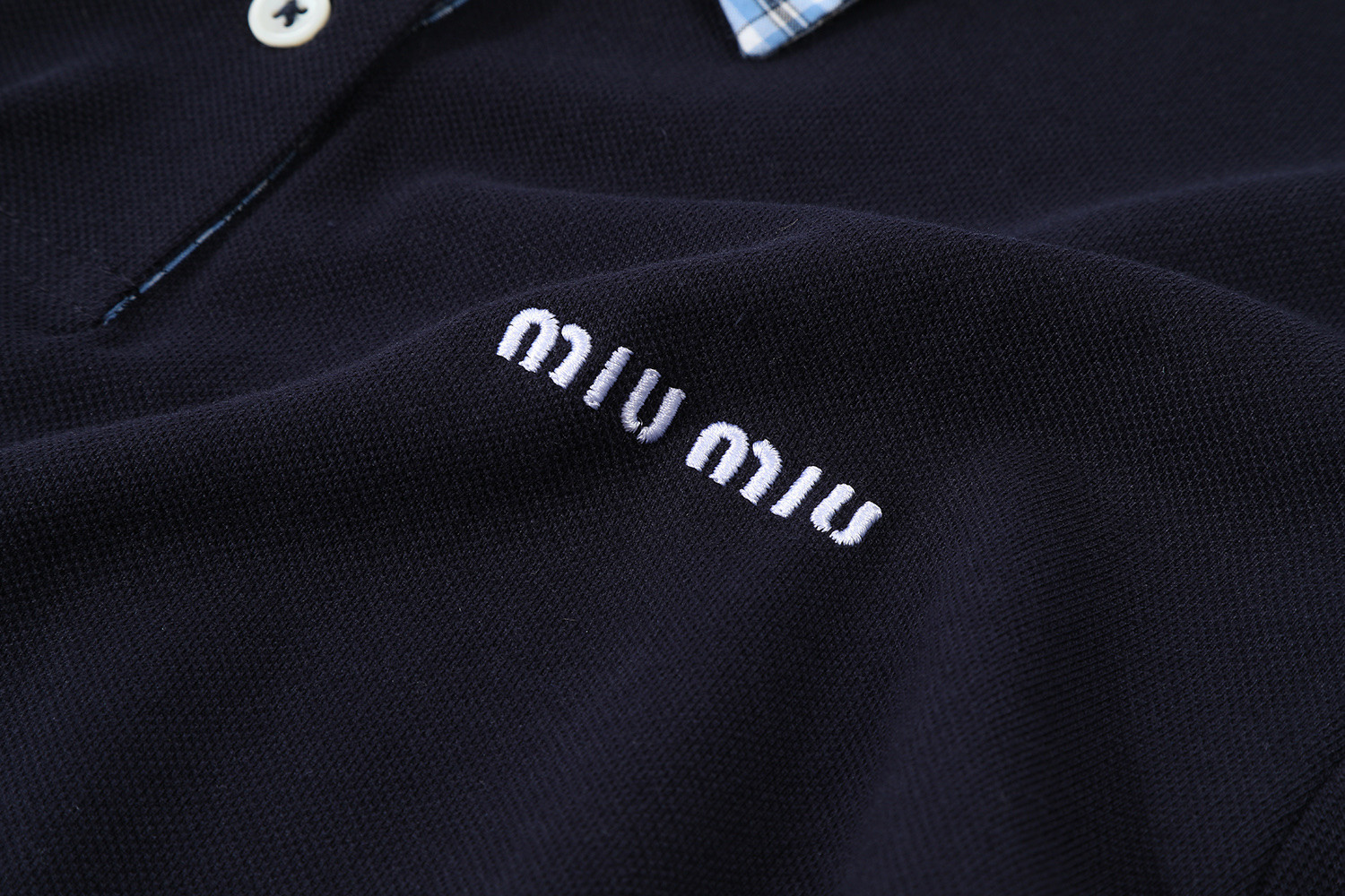 MIU MIU 假两件格纹拼接徽标POLO衫 短袖 休闲T恤 夏季 海军蓝 A5  MJN559-14RW-F0008