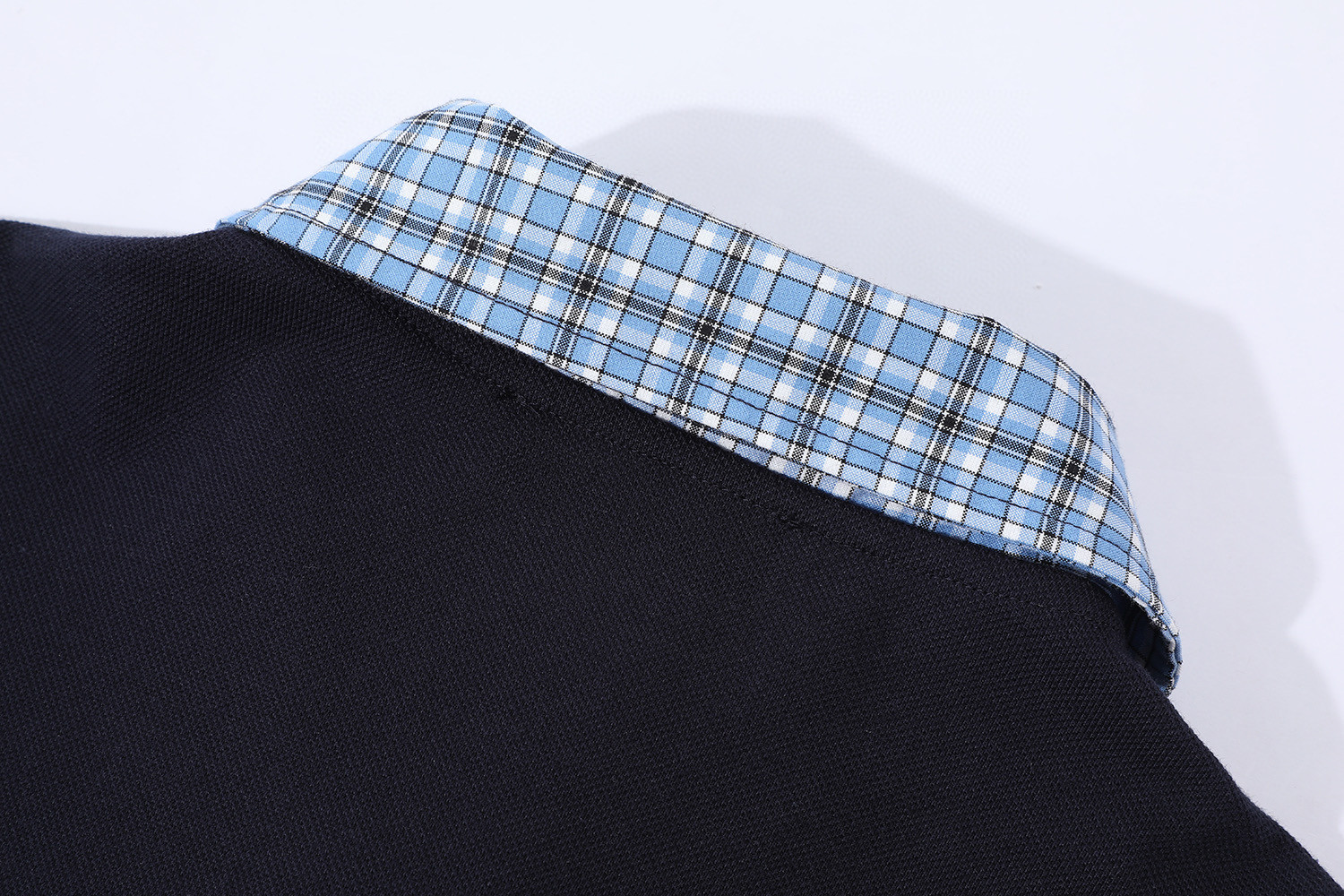 MIU MIU 假两件格纹拼接徽标POLO衫 短袖 休闲T恤 夏季 海军蓝 A5  MJN559-14RW-F0008