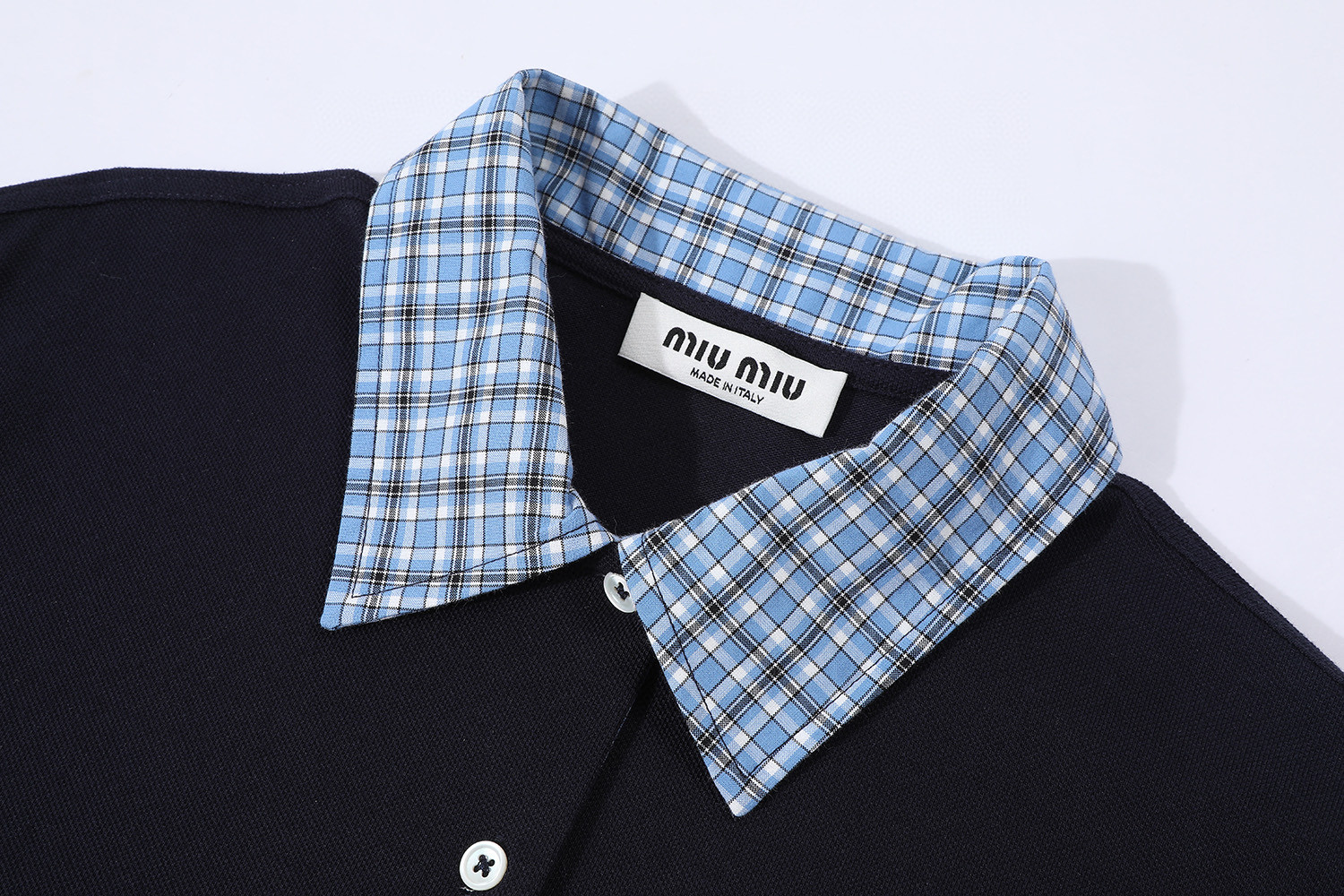 MIU MIU 假两件格纹拼接徽标POLO衫 短袖 休闲T恤 夏季 海军蓝 A5  MJN559-14RW-F0008