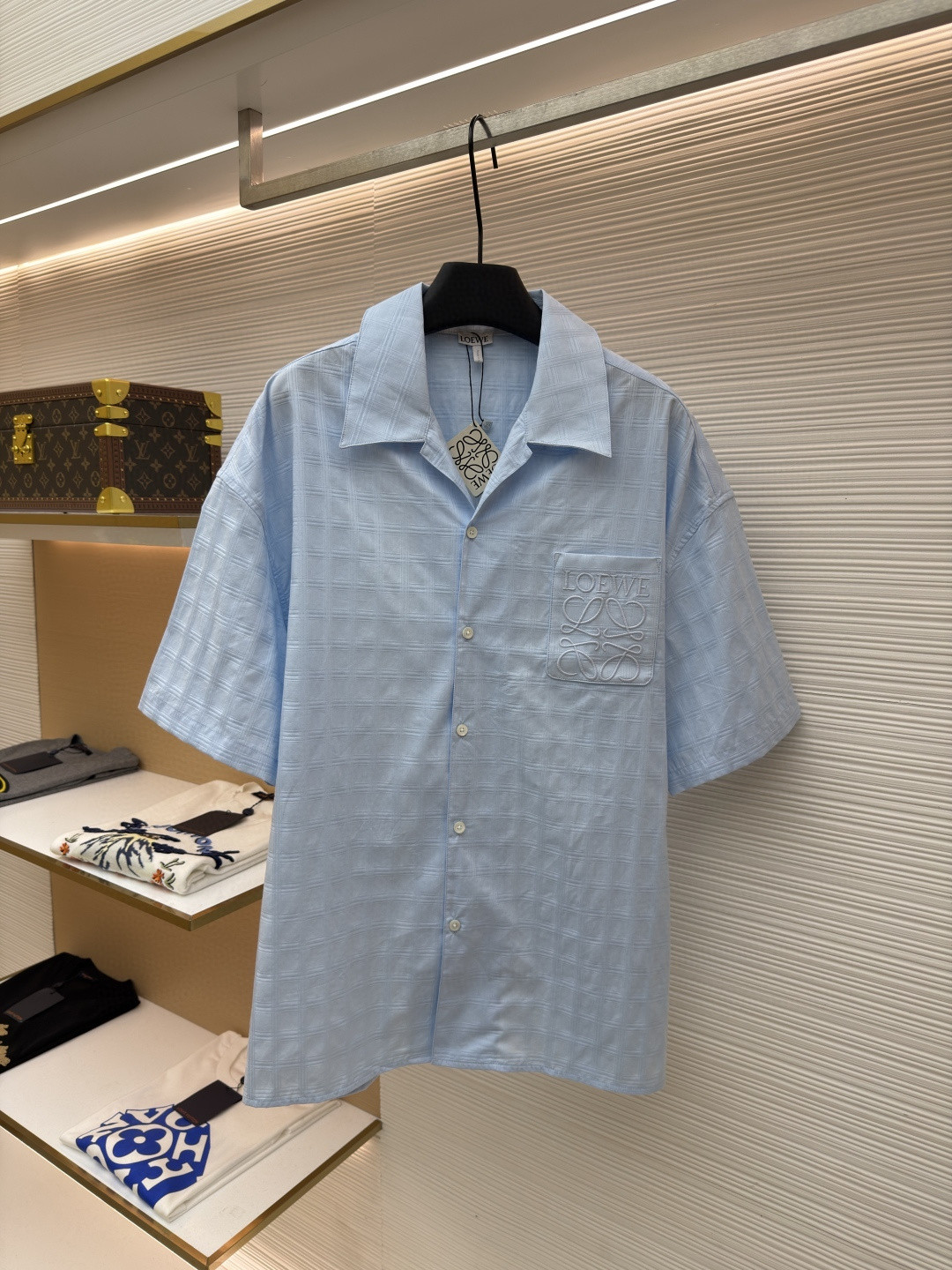 Loewe 罗意威 刺绣字母logo格子衬衫 短袖 蓝色 A5 H526Y05WEX-5140