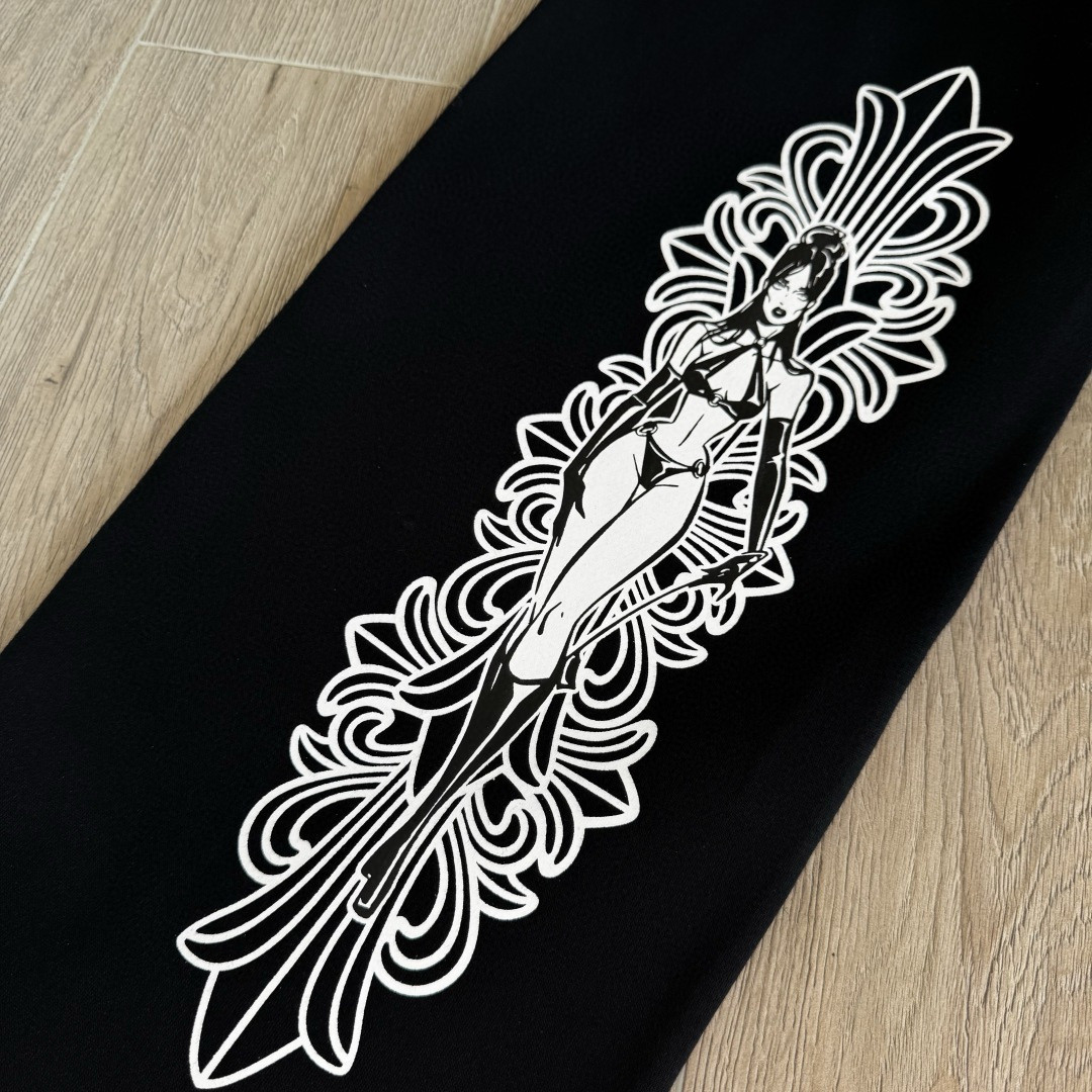 Chrome Hearts 克罗心 Deadly Doll 联名款 十字架美少女松紧腰直筒运动裤 抓绒 卫裤 休闲裤 长裤 裤子 黑色 CH-RM0607