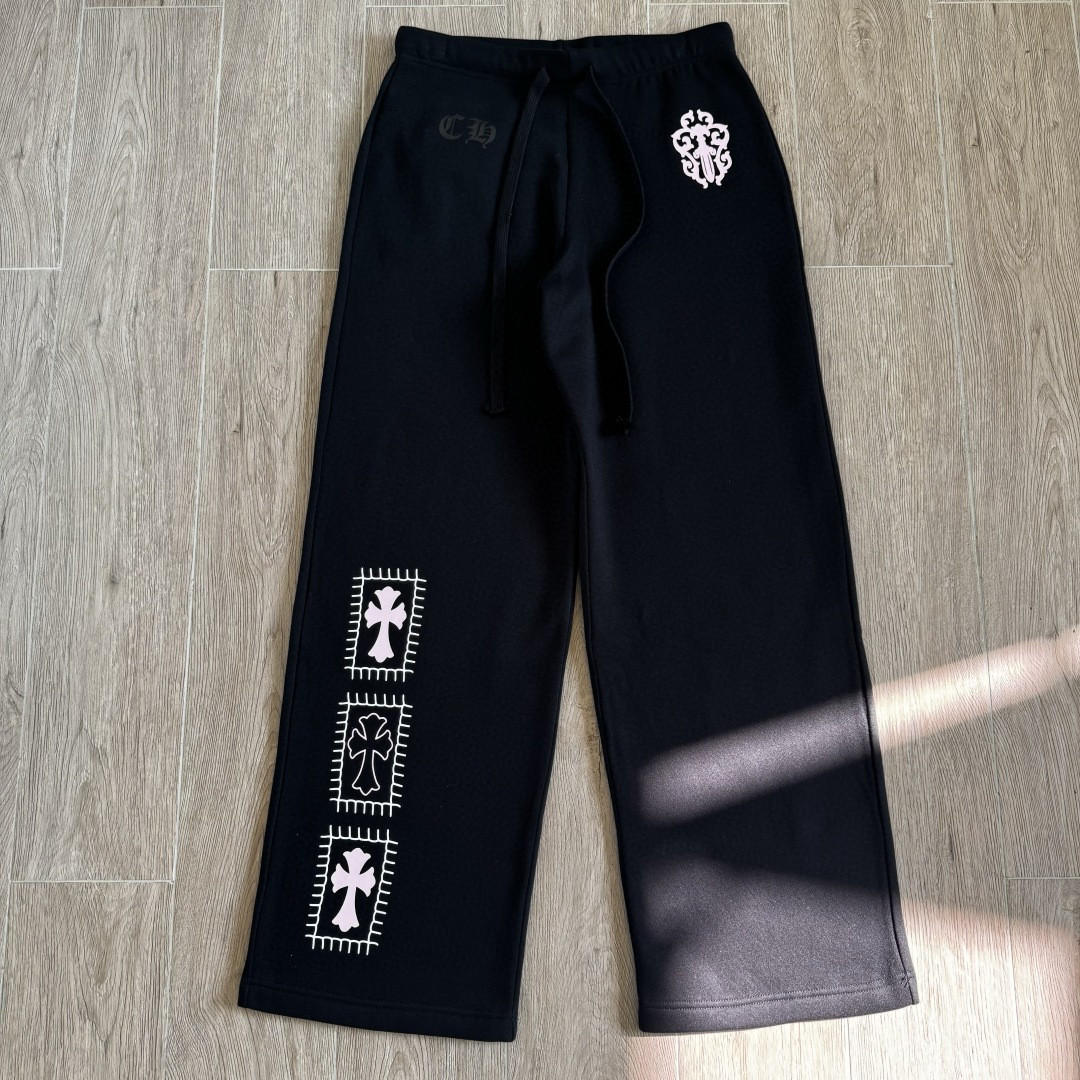 Chrome Hearts 克罗心 Deadly Doll 联名款 十字架美少女松紧腰直筒运动裤 抓绒 卫裤 休闲裤 长裤 裤子 黑色 CH-RM0607