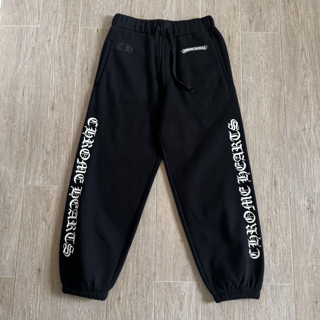 Chrome Hearts 克罗心 侧边白色梵文印花松紧腰束脚运动裤 抓绒 卫裤 休闲裤 长裤 裤子 黑色 