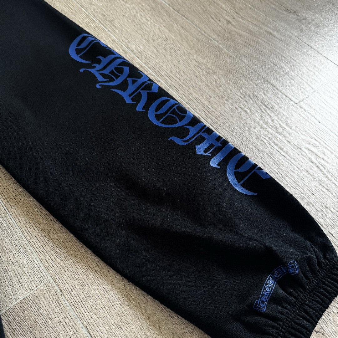 Chrome Hearts 克罗心 侧边蓝色梵文印花松紧腰束脚运动裤 抓绒 卫裤 休闲裤 长裤 裤子 黑蓝色 