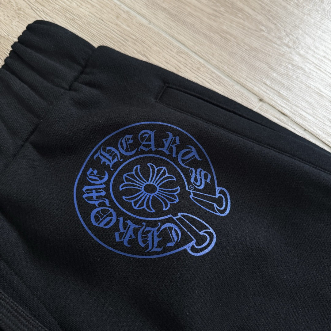 Chrome Hearts 克罗心 侧边蓝色梵文印花松紧腰束脚运动裤 抓绒 卫裤 休闲裤 长裤 裤子 黑蓝色 