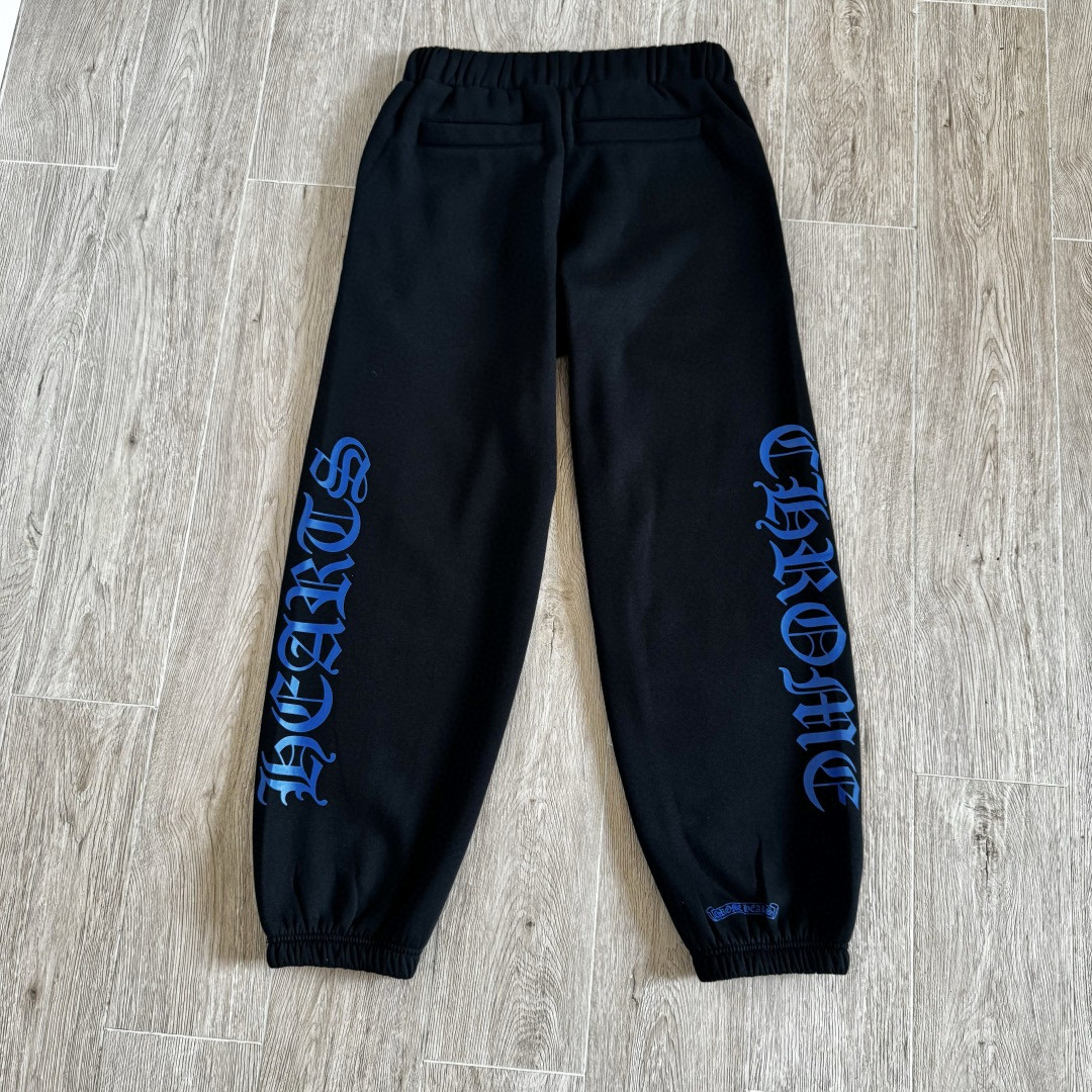 Chrome Hearts 克罗心 侧边蓝色梵文印花松紧腰束脚运动裤 抓绒 卫裤 休闲裤 长裤 裤子 黑蓝色 