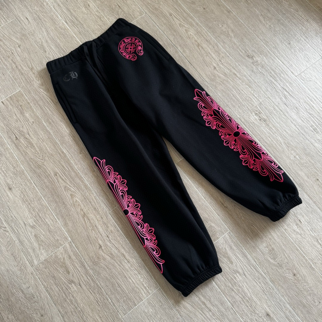 Chrome Hearts 克罗心 侧边粉色宝剑印花松紧腰束脚运动裤 抓绒 卫裤 休闲裤 长裤 裤子 黑粉色 