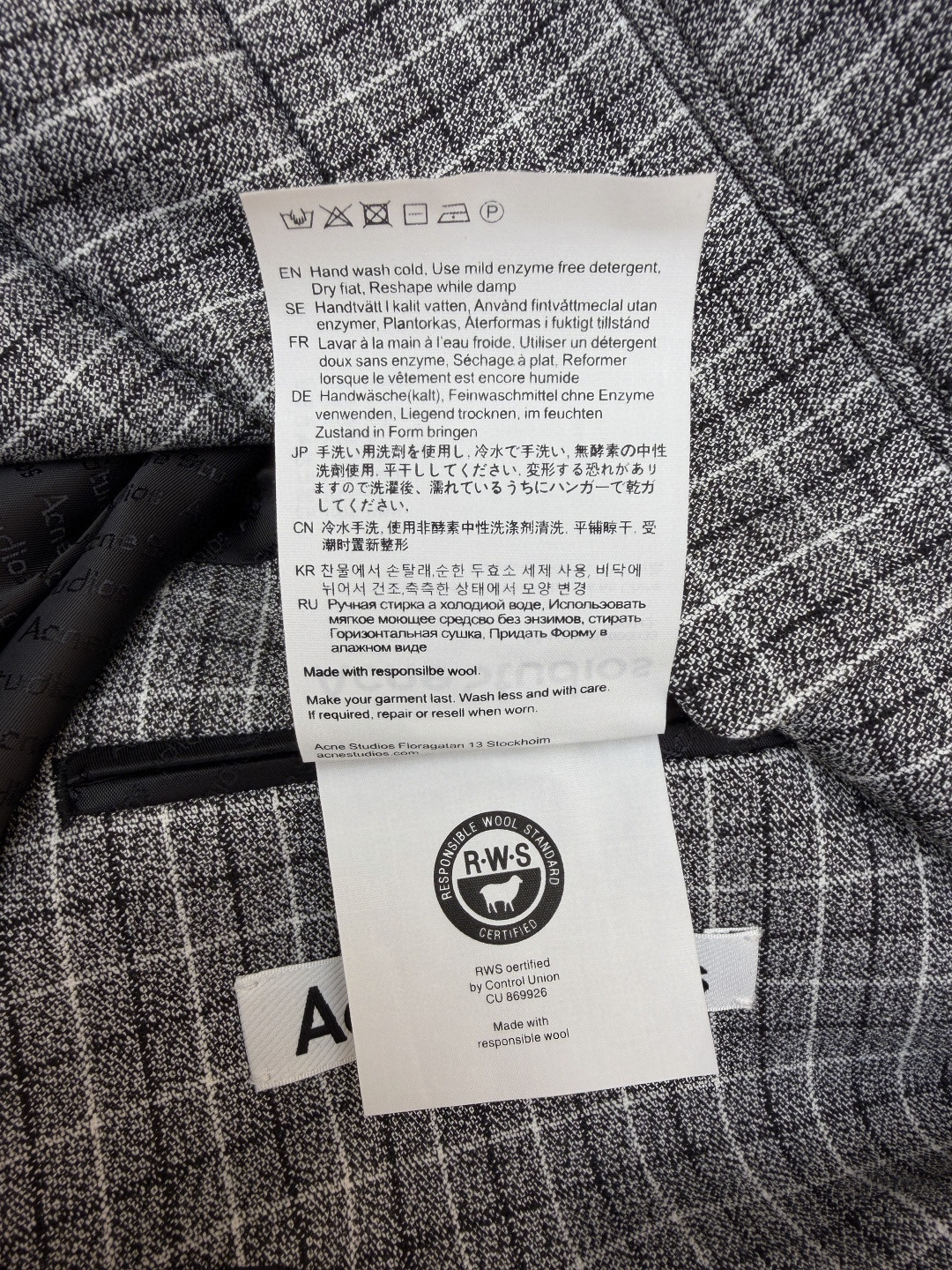 Acne Studios 格纹羊毛西服 西装外套 夹克 长袖 C0 BH0229-J83