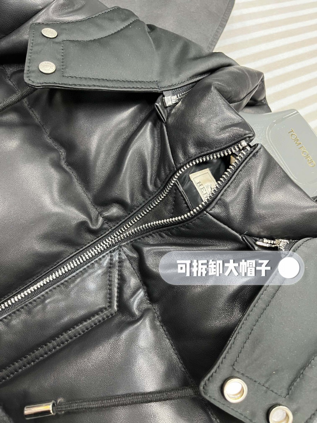 HERMES 爱马仕 连帽拉链真皮羽绒服 外套 夹克 保暖 长袖 黑色 咖色