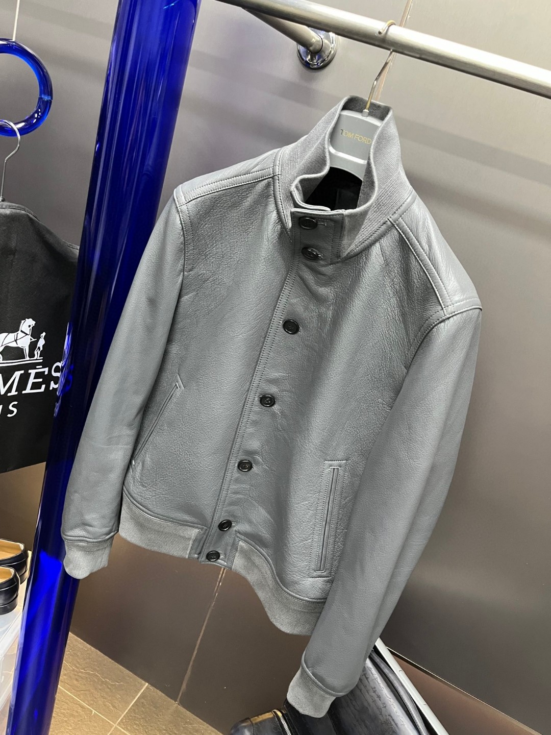 HERMES 爱马仕 立领皮夹克 外套 皮衣 长袖 黑色 灰色 酒红色