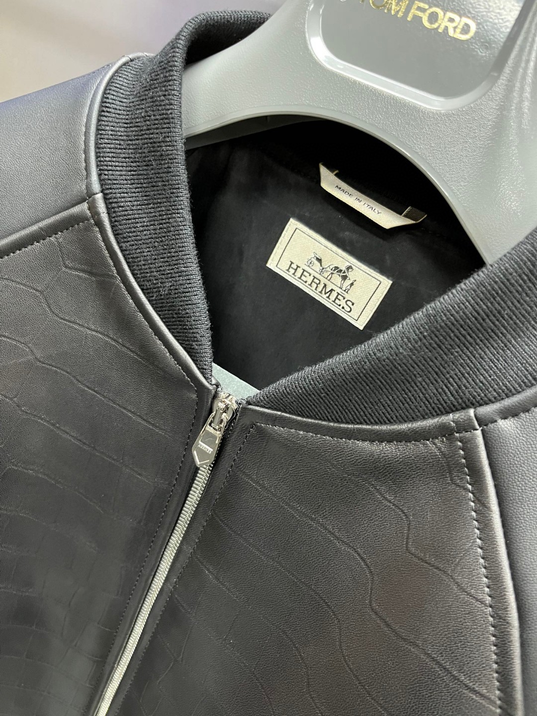 HERMES 爱马仕 鳄鱼皮拼接羊皮棒球款拉链外套 皮衣 夹克 长袖 白色 黑色