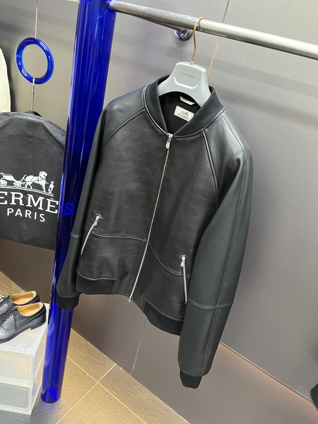 HERMES 爱马仕 鳄鱼皮拼接羊皮棒球款拉链外套 皮衣 夹克 长袖 白色 黑色