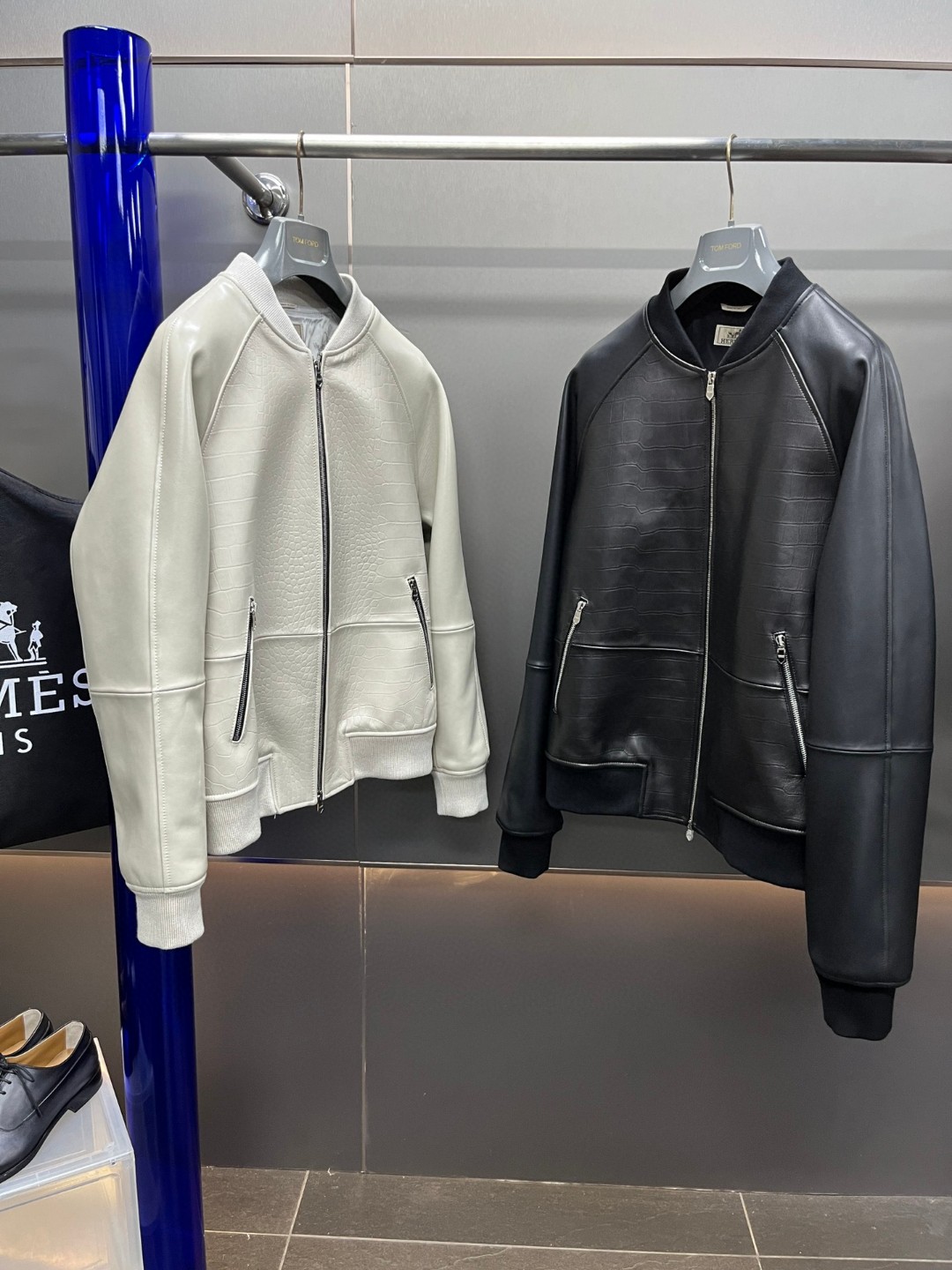 HERMES 爱马仕 鳄鱼皮拼接羊皮棒球款拉链外套 皮衣 夹克 长袖 白色 黑色