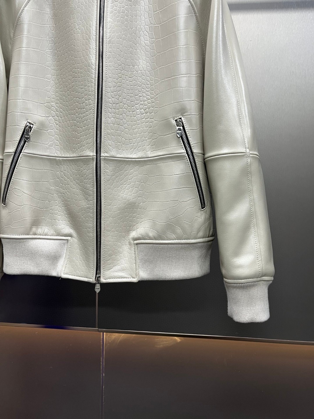 HERMES 爱马仕 鳄鱼皮拼接羊皮棒球款拉链外套 皮衣 夹克 长袖 白色 黑色