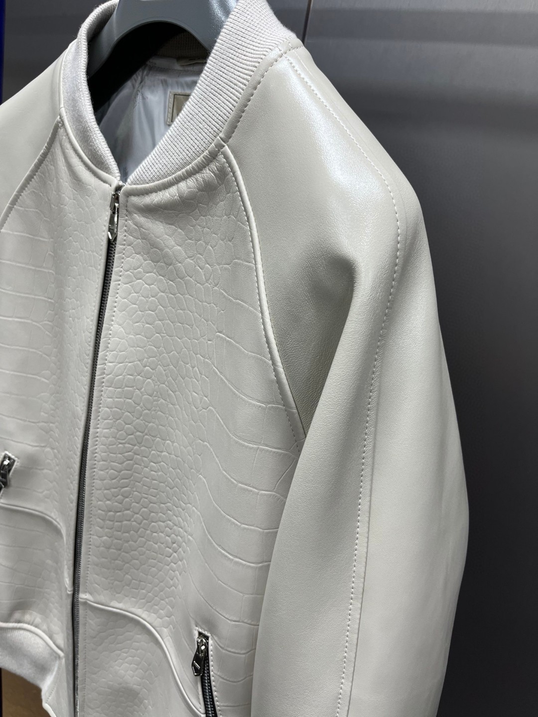 HERMES 爱马仕 鳄鱼皮拼接羊皮棒球款拉链外套 皮衣 夹克 长袖 白色 黑色