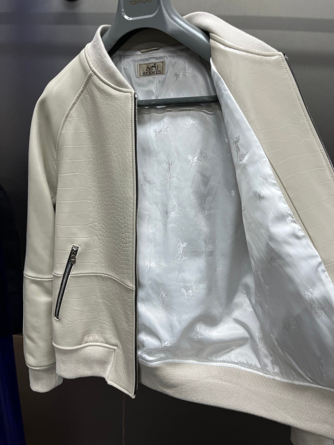 HERMES 爱马仕 鳄鱼皮拼接羊皮棒球款拉链外套 皮衣 夹克 长袖 白色 黑色