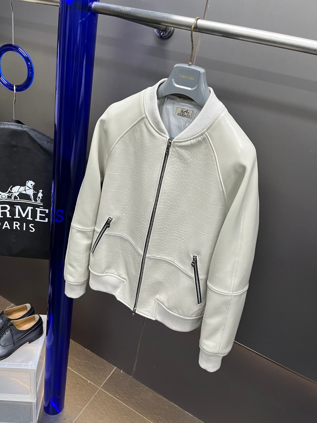 HERMES 爱马仕 鳄鱼皮拼接羊皮棒球款拉链外套 皮衣 夹克 长袖 白色 黑色