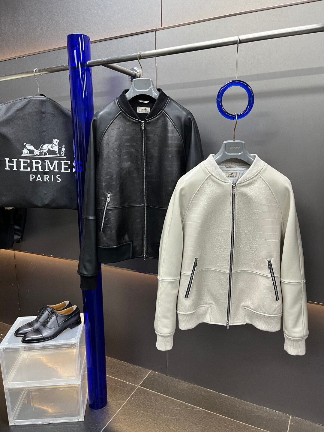 HERMES 爱马仕 鳄鱼皮拼接羊皮棒球款拉链外套 皮衣 夹克 长袖 白色 黑色