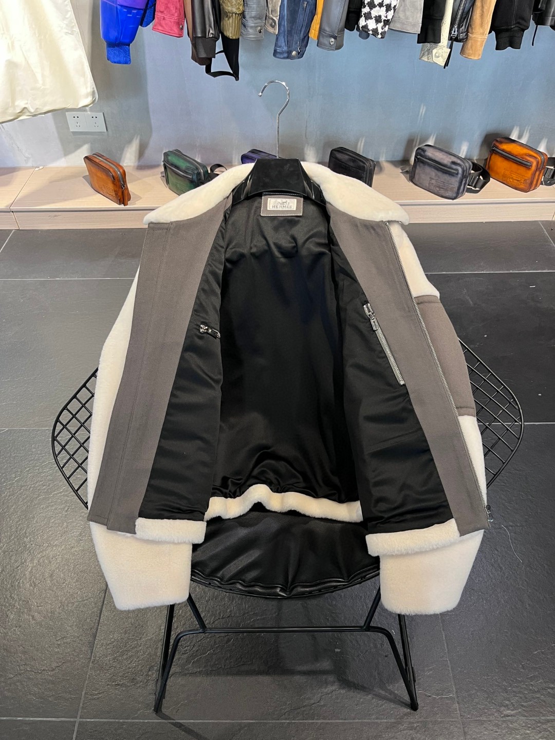 HERMES 爱马仕 羊剪绒拼接拉链外套 夹克 长袖 保暖 米白色