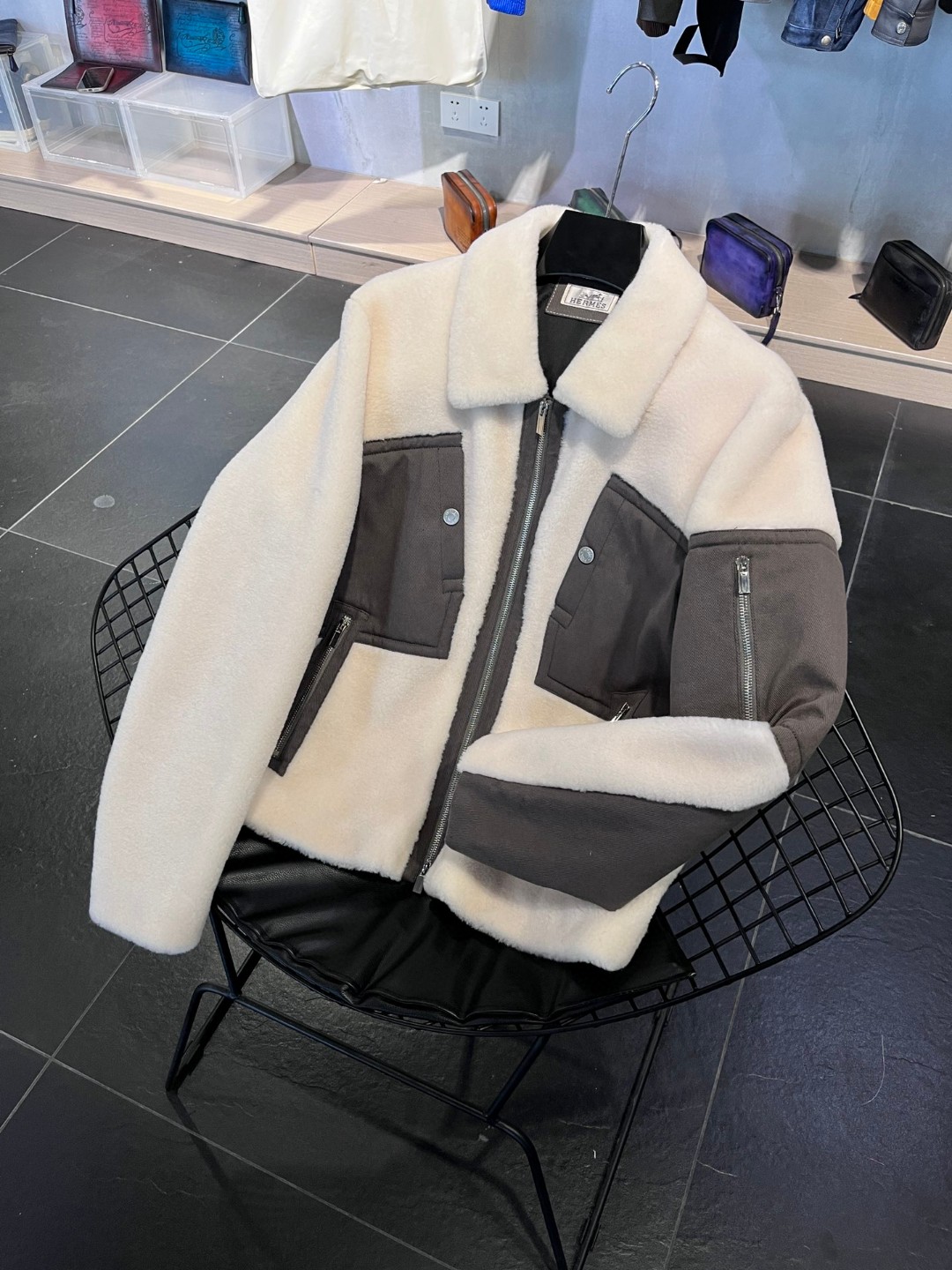 HERMES 爱马仕 羊剪绒拼接拉链外套 夹克 长袖 保暖 米白色