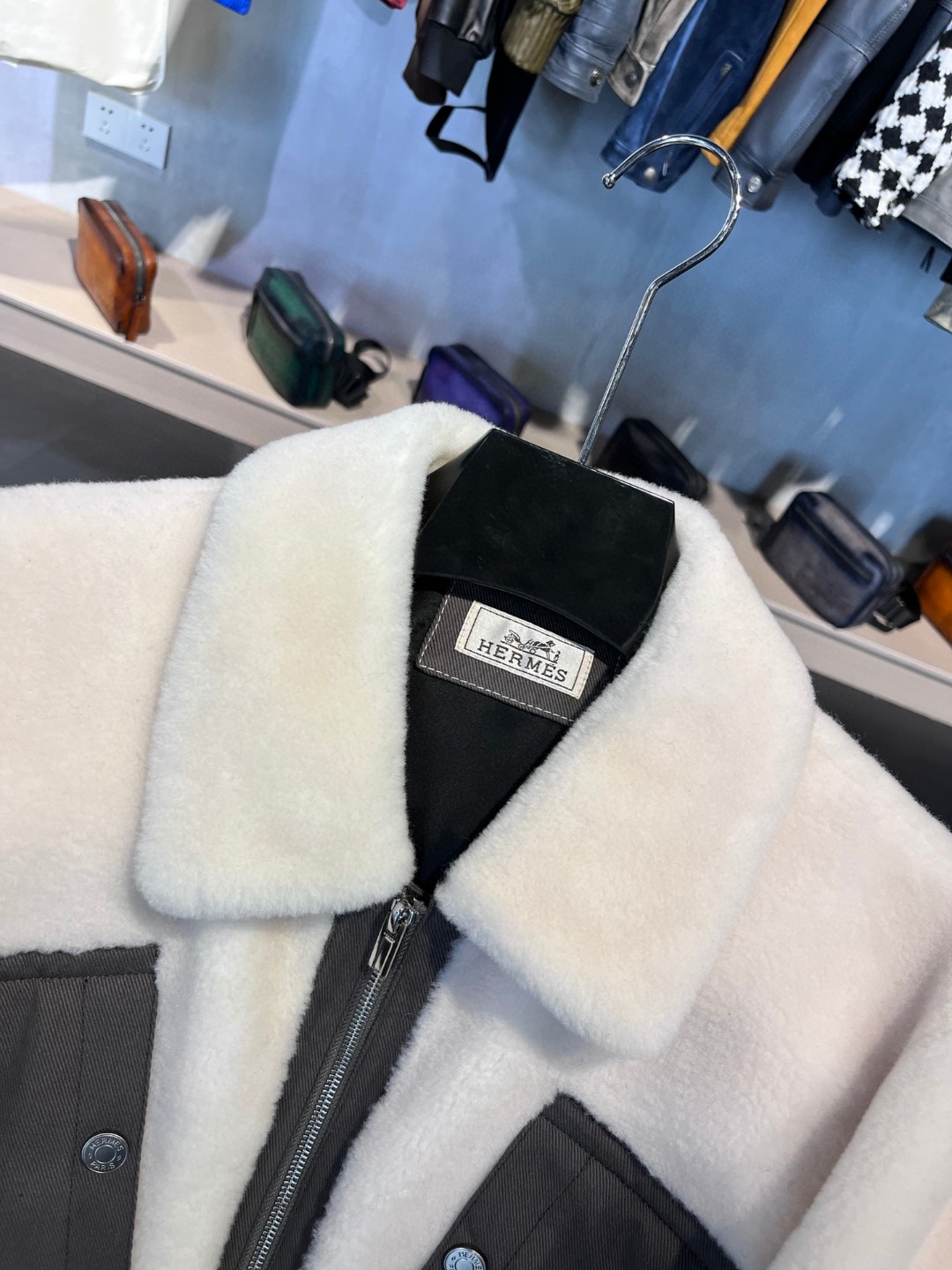 HERMES 爱马仕 羊剪绒拼接拉链外套 夹克 长袖 保暖 米白色