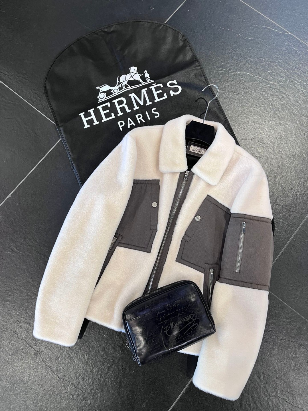 HERMES 爱马仕 羊剪绒拼接拉链外套 夹克 长袖 保暖 米白色