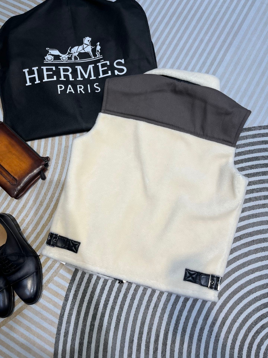 HERMES 爱马仕 拼色羊毛拉链马甲 外套 夹克 长袖 保暖 米白色