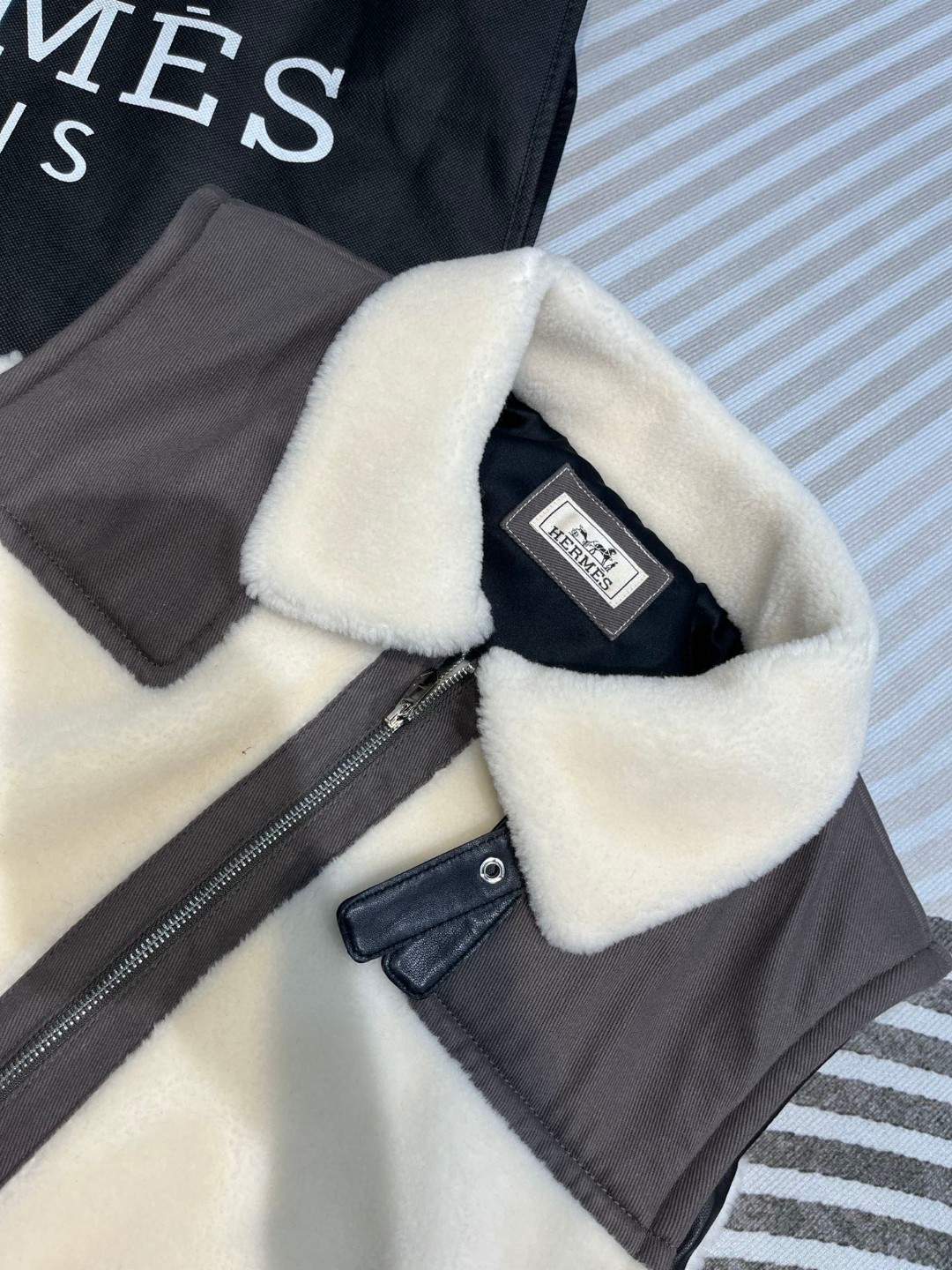 HERMES 爱马仕 拼色羊毛拉链马甲 外套 夹克 长袖 保暖 米白色