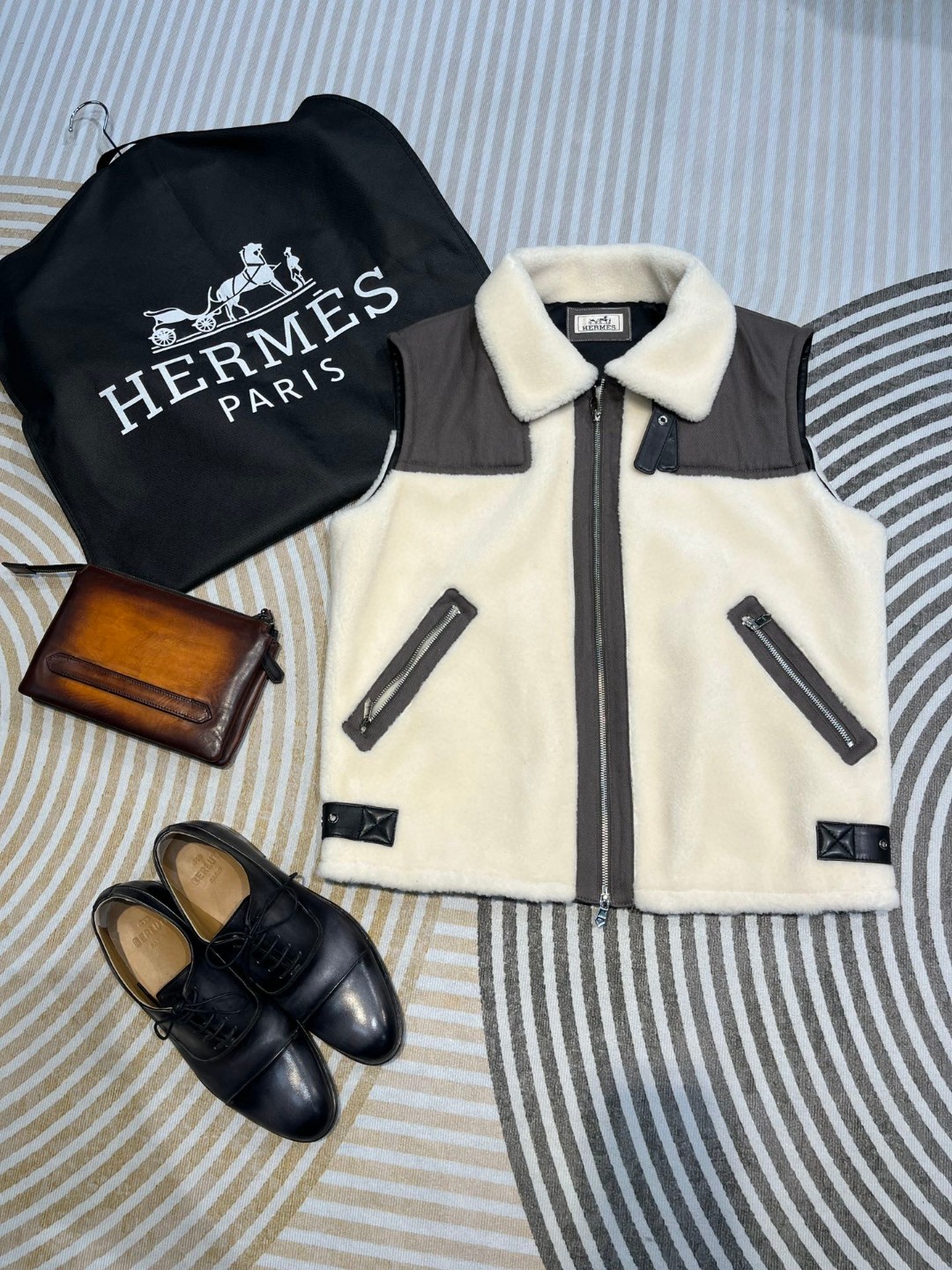 HERMES 爱马仕 拼色羊毛拉链马甲 外套 夹克 长袖 保暖 米白色