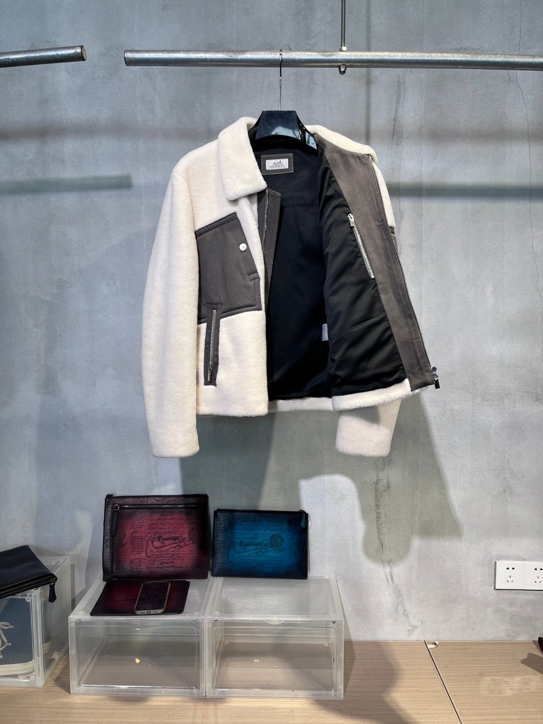 HERMES 爱马仕 羊剪绒拼接拉链外套 夹克 长袖 保暖 米白色