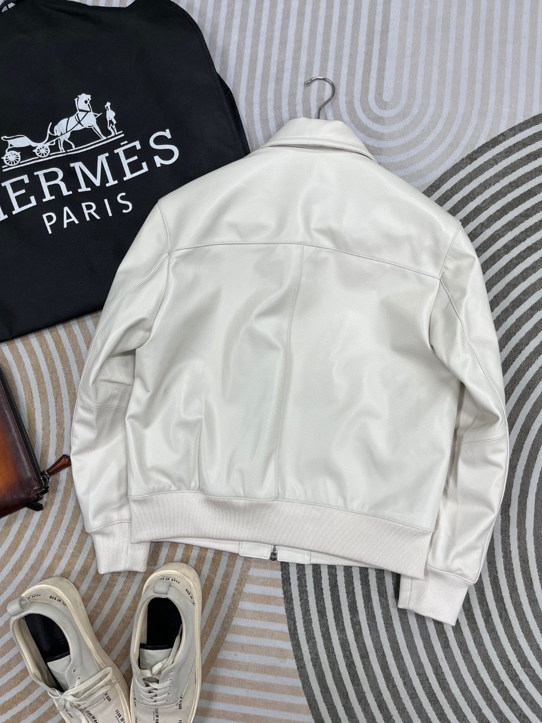 HERMES 爱马仕 羊皮拉链外套 皮衣 夹克 长袖 白色 棕色