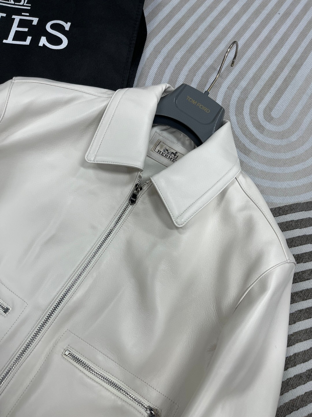 HERMES 爱马仕 羊皮拉链外套 皮衣 夹克 长袖 白色 棕色