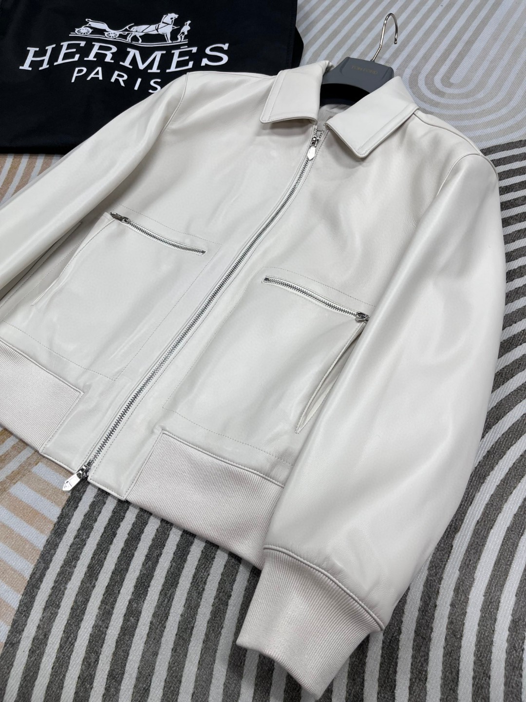 HERMES 爱马仕 羊皮拉链外套 皮衣 夹克 长袖 白色 棕色