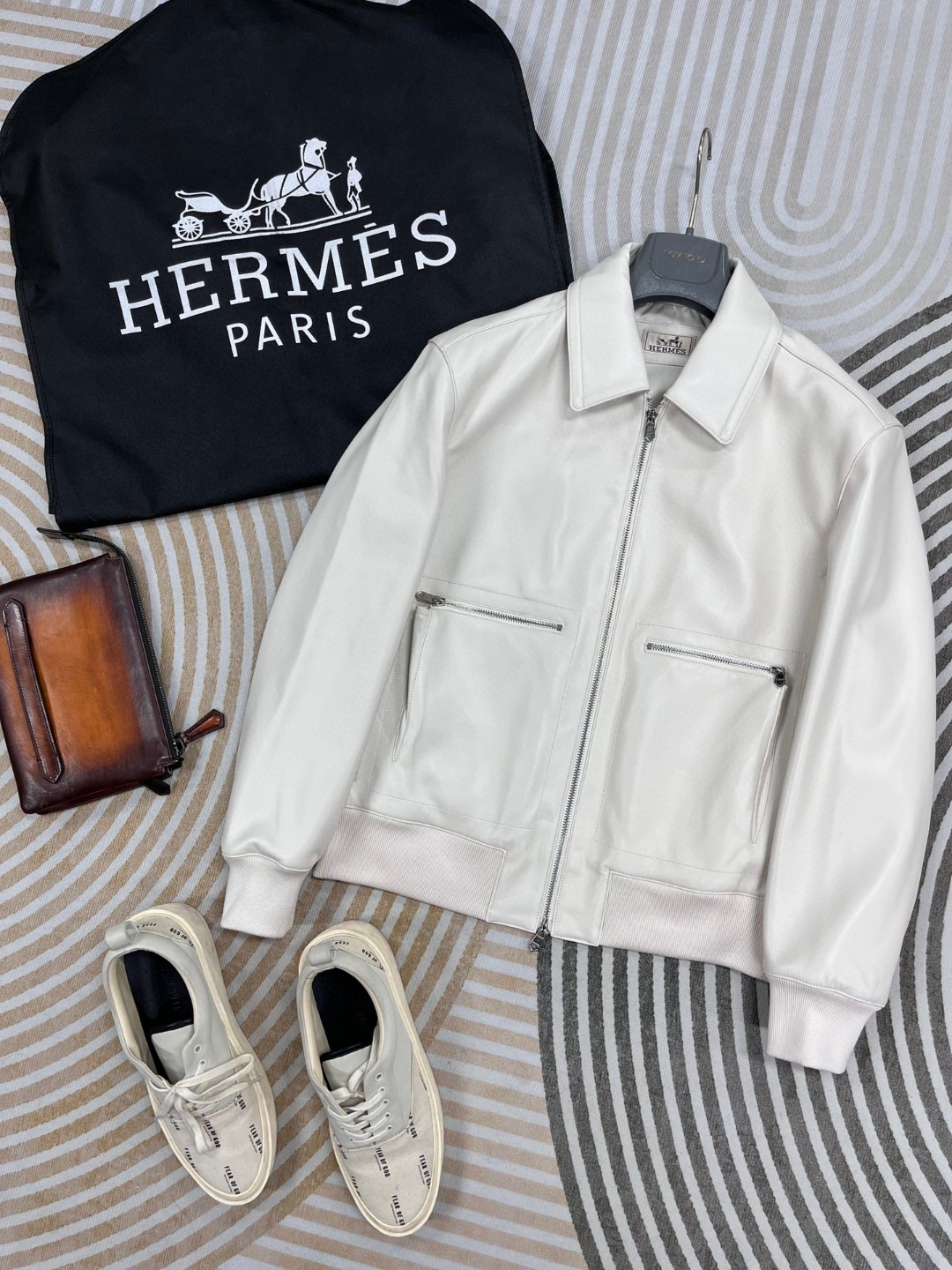 HERMES 爱马仕 羊皮拉链外套 皮衣 夹克 长袖 白色 棕色