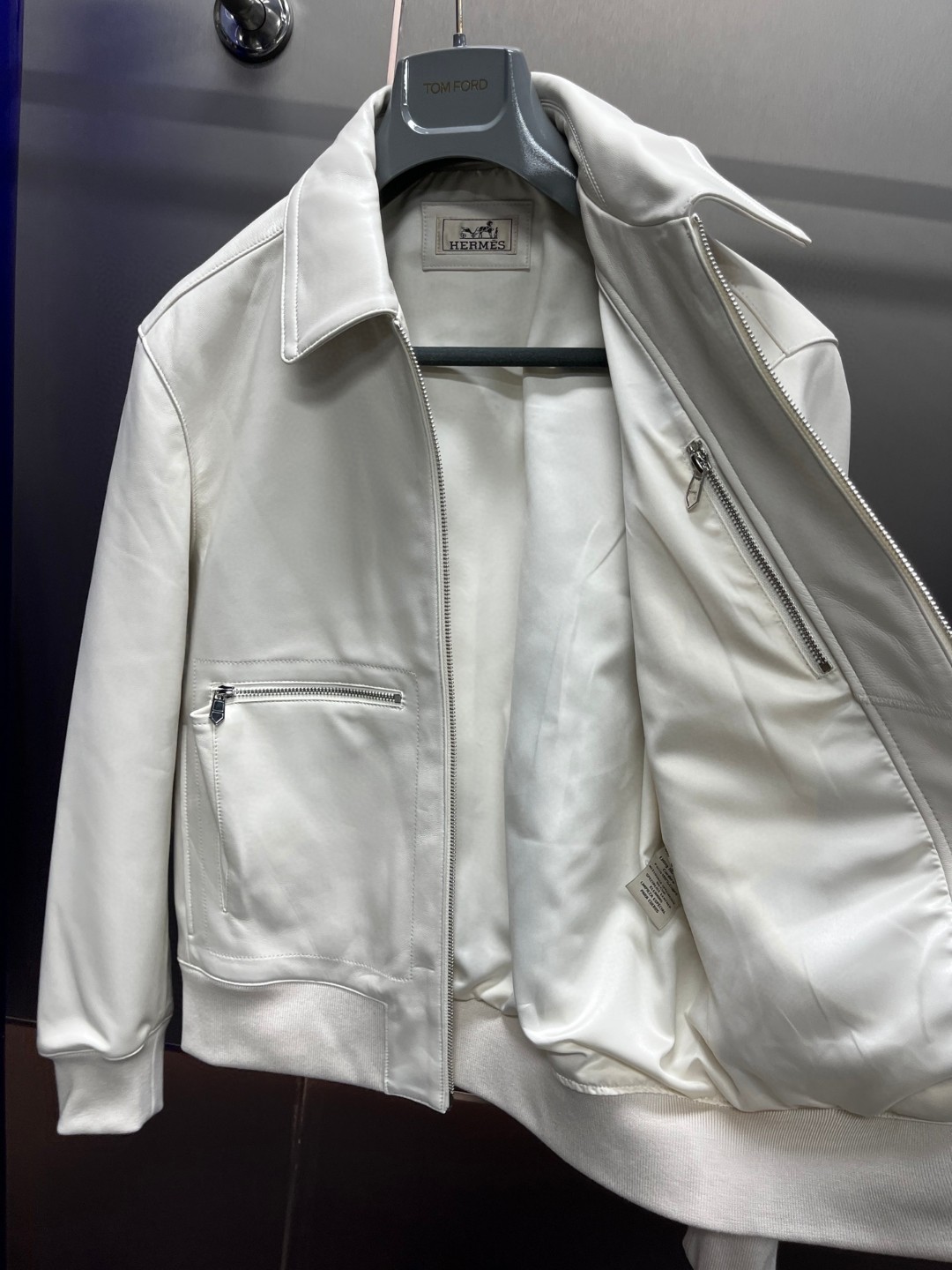 HERMES 爱马仕 羊皮拉链外套 皮衣 夹克 长袖 白色 棕色