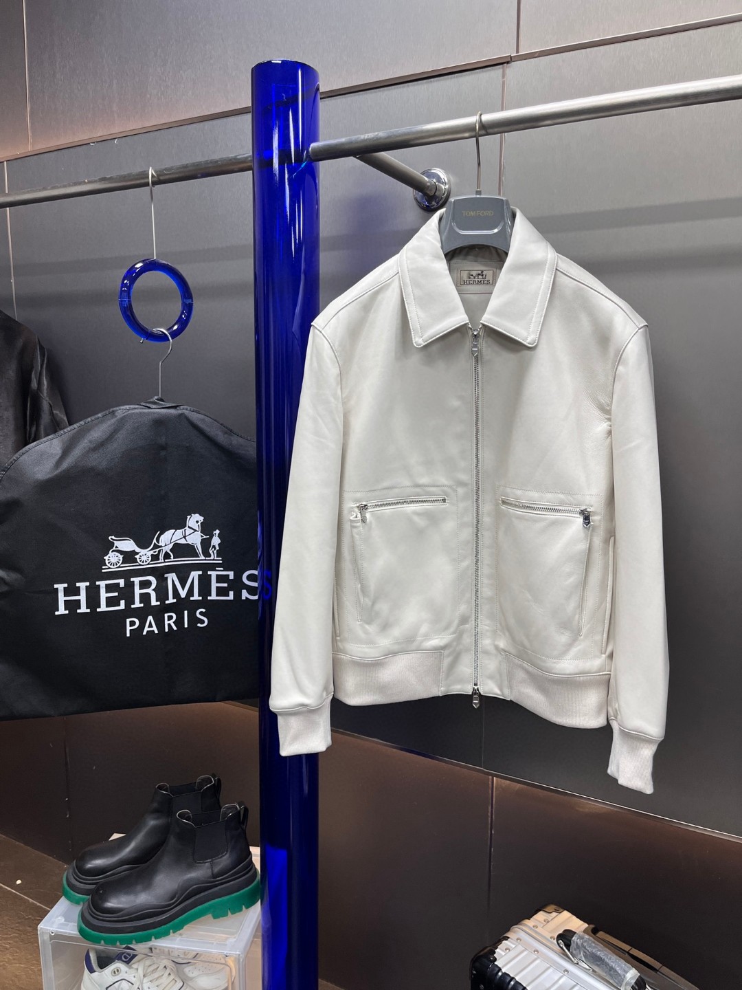 HERMES 爱马仕 羊皮拉链外套 皮衣 夹克 长袖 白色 棕色