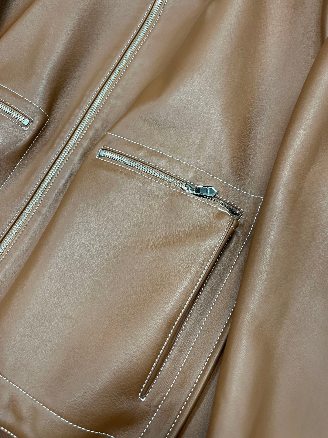 HERMES 爱马仕 羊皮拉链外套 皮衣 夹克 长袖 白色 棕色