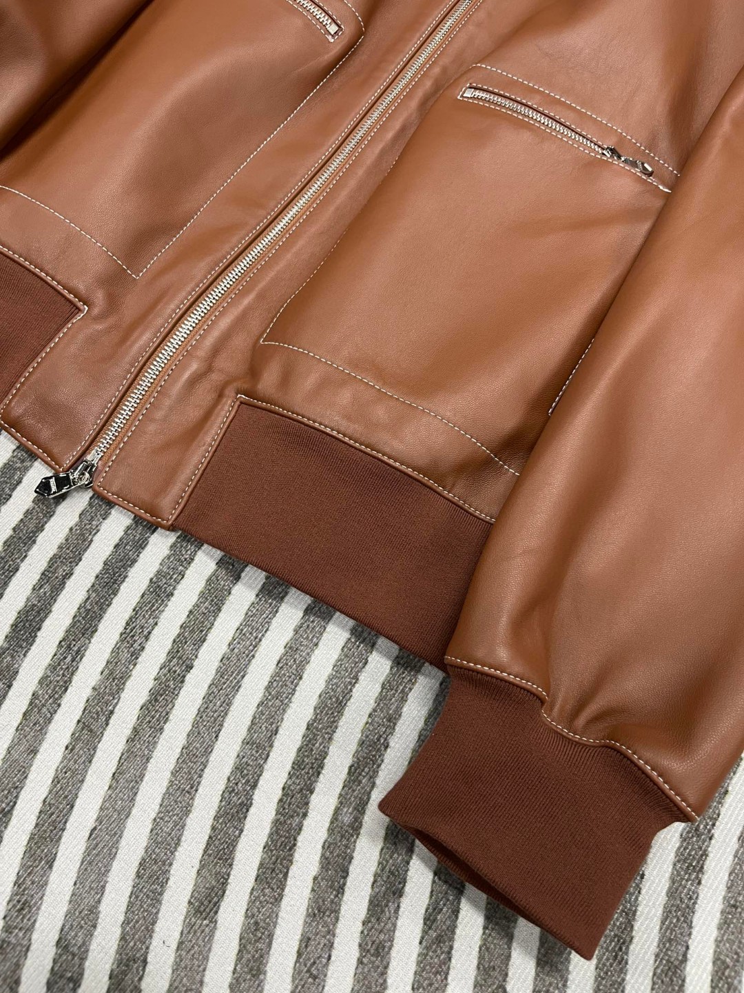 HERMES 爱马仕 羊皮拉链外套 皮衣 夹克 长袖 白色 棕色