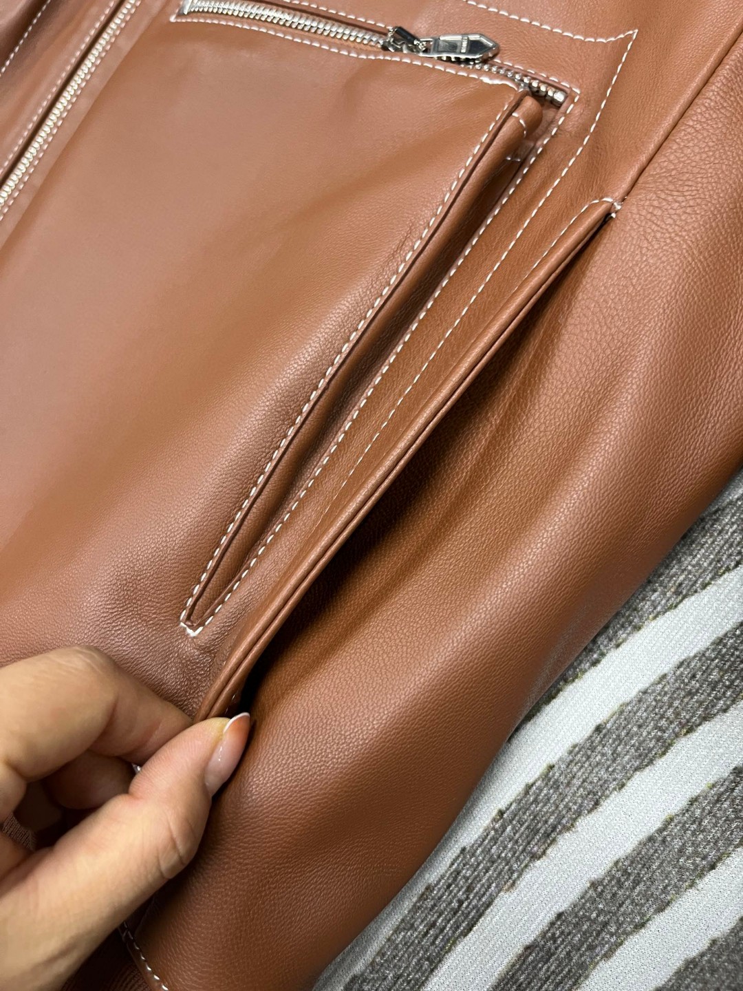 HERMES 爱马仕 羊皮拉链外套 皮衣 夹克 长袖 白色 棕色