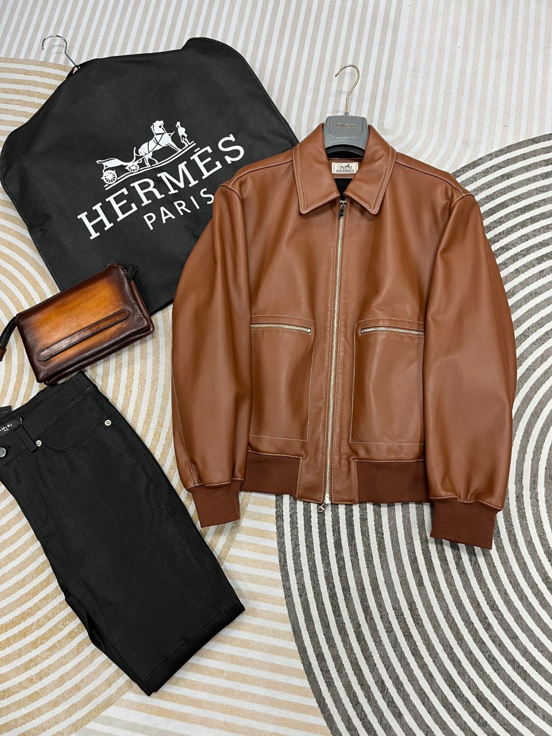 HERMES 爱马仕 羊皮拉链外套 皮衣 夹克 长袖 白色 棕色