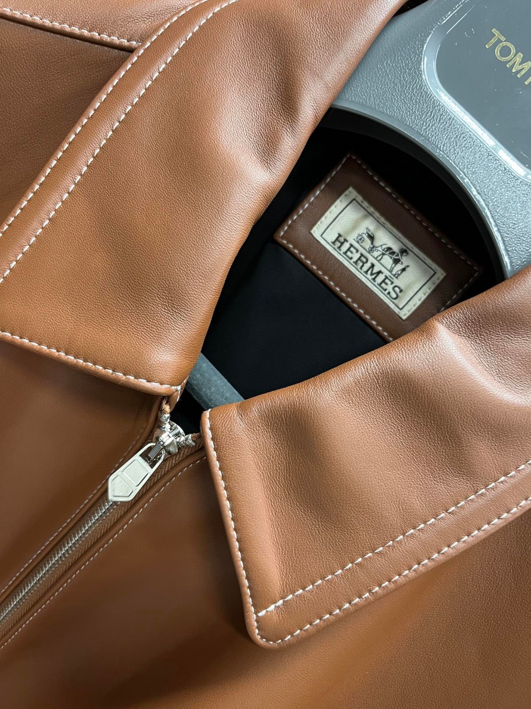 HERMES 爱马仕 羊皮拉链外套 皮衣 夹克 长袖 白色 棕色