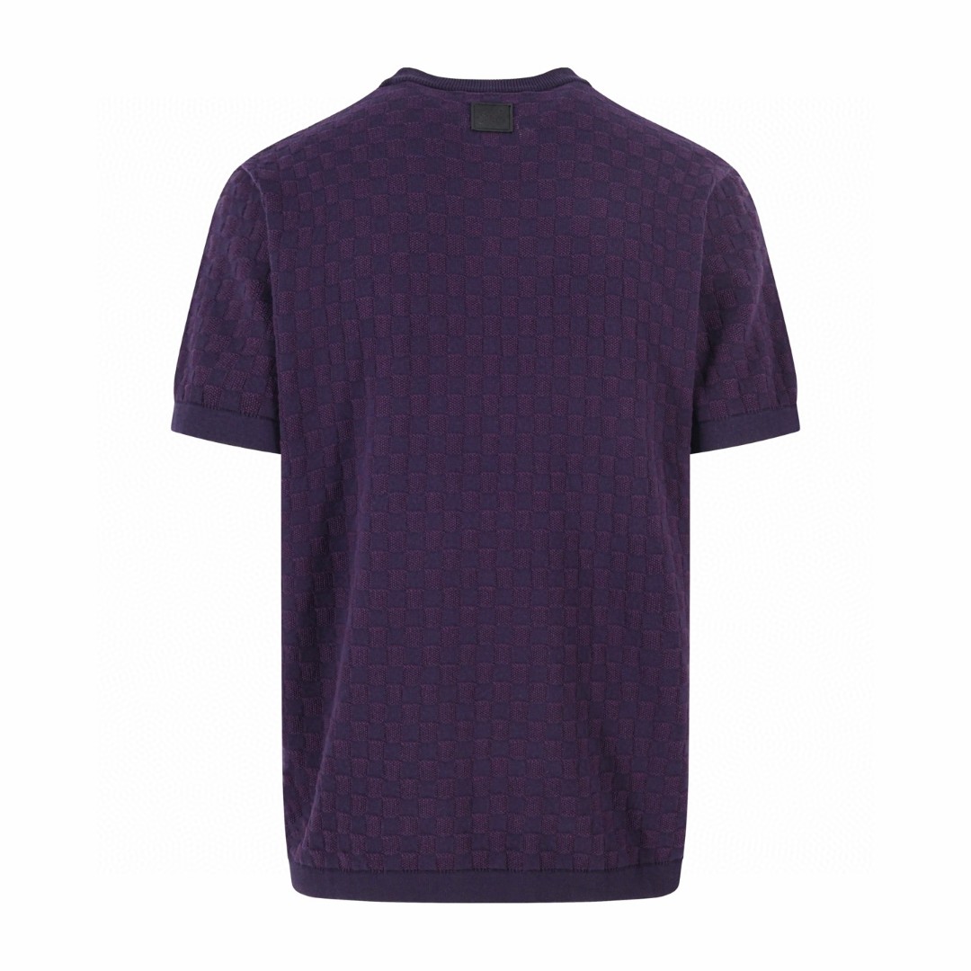 LOUIS VUITTON 路易威登 LV 字母刺绣暗纹棋盘格提花毛织T恤 短袖 紫色 A2 1AJTVG